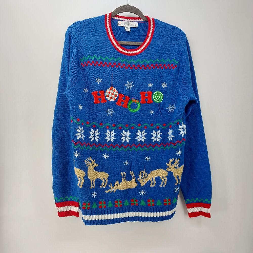 Jolly Sweaters Large Ugly Unisex Blue Knit Reindeer Tree Snowflake Christmas